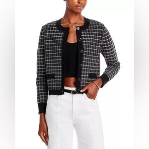 Aqua Tweed Crewneck Cardigan Sweater Plaid Black With Metallic Tinsel sz Medium